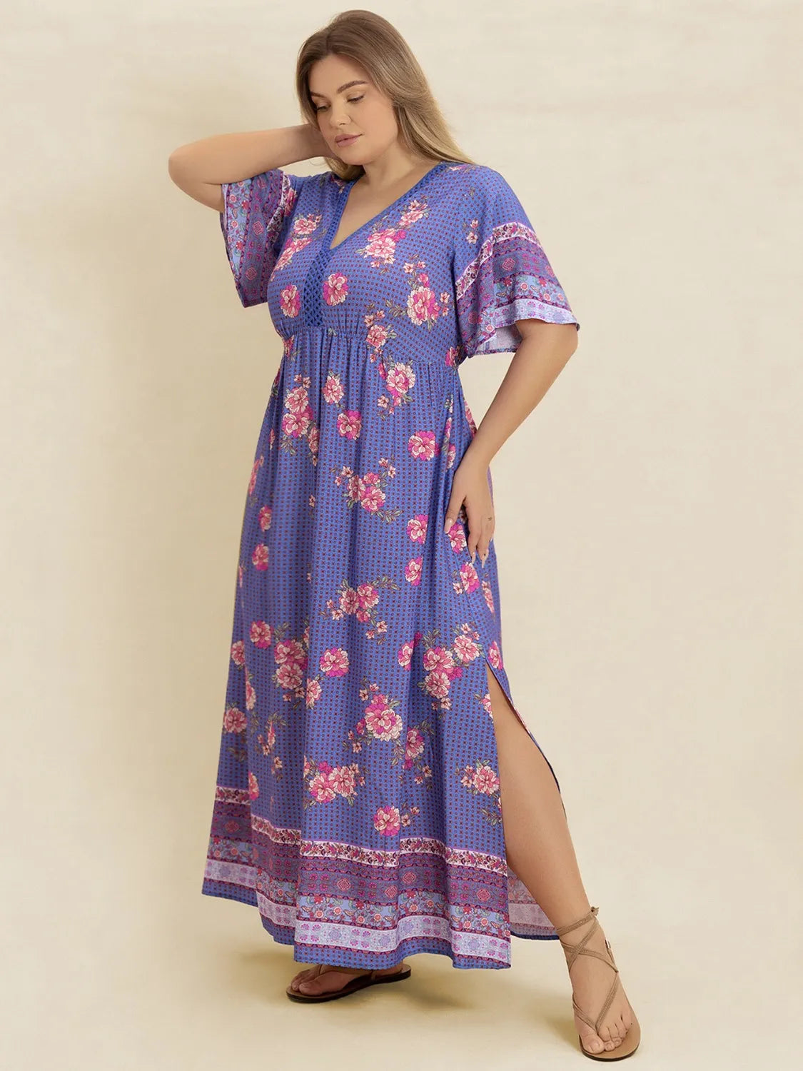 Plus Size Printed V-Neck Flutter Sleeve Dress.