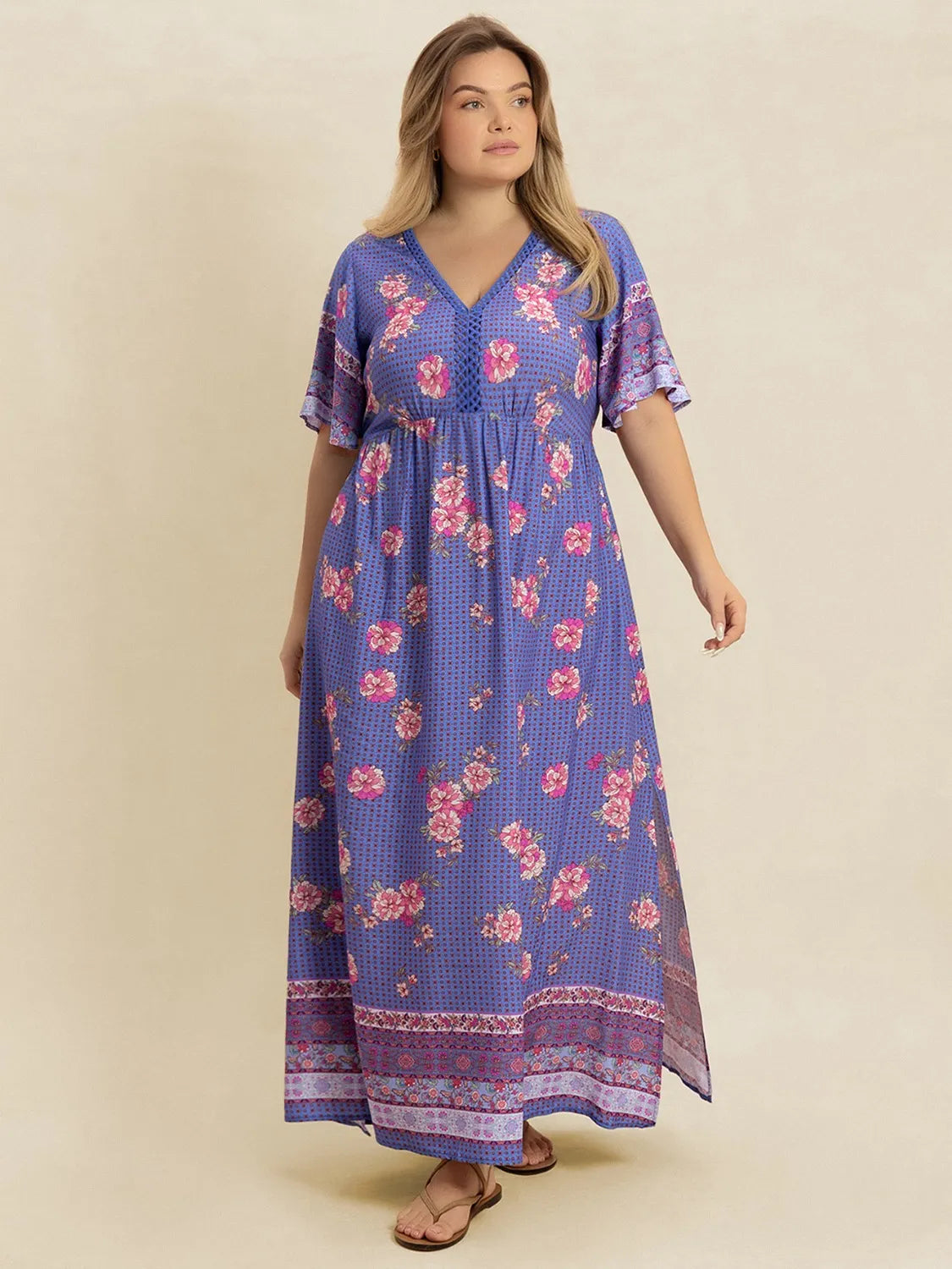 Plus Size Printed V-Neck Flutter Sleeve Dress.