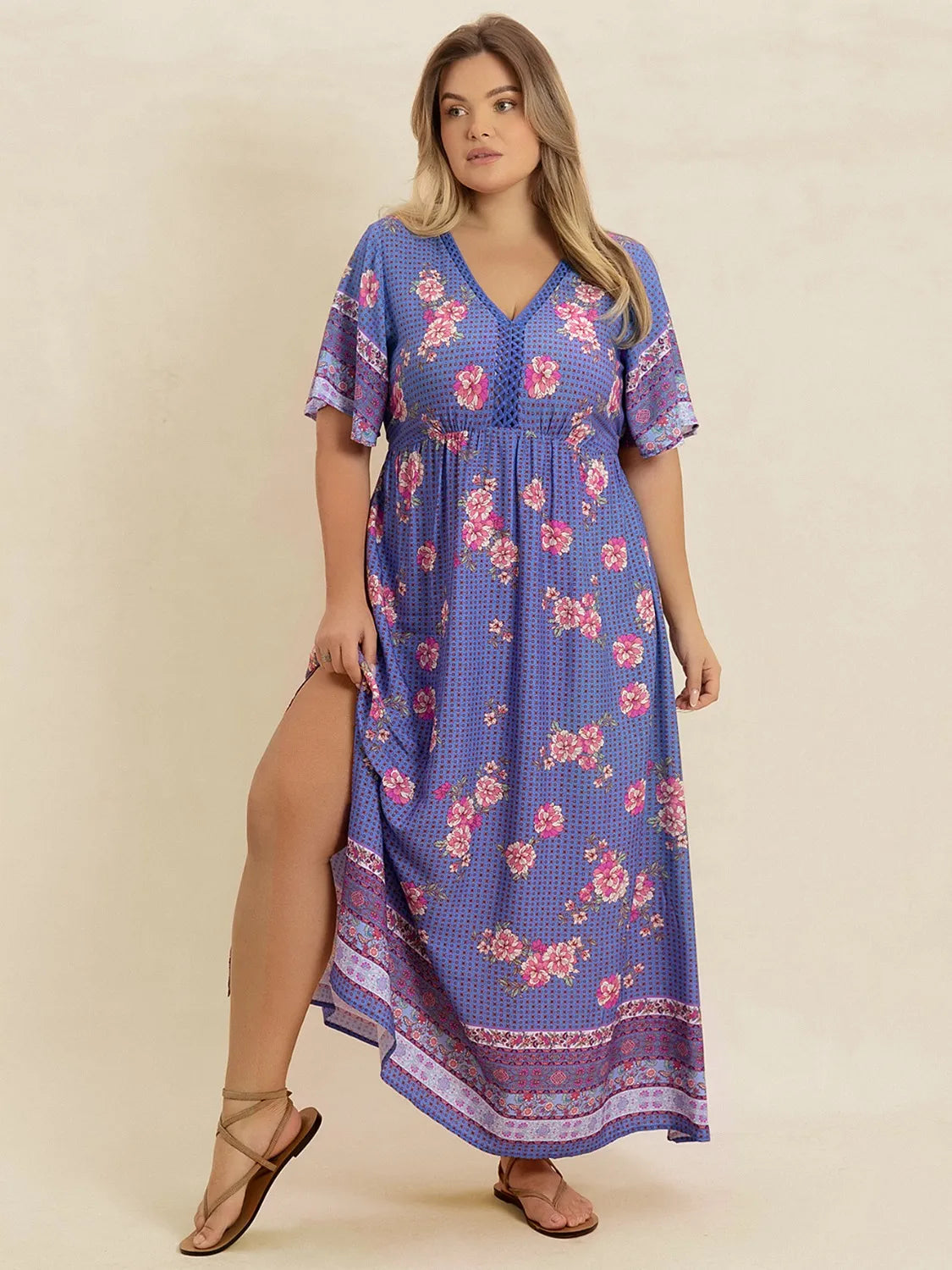 Plus Size Printed V-Neck Flutter Sleeve Dress.