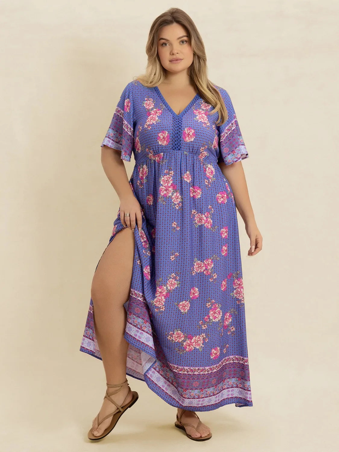 Plus Size Printed V-Neck Flutter Sleeve Dress.