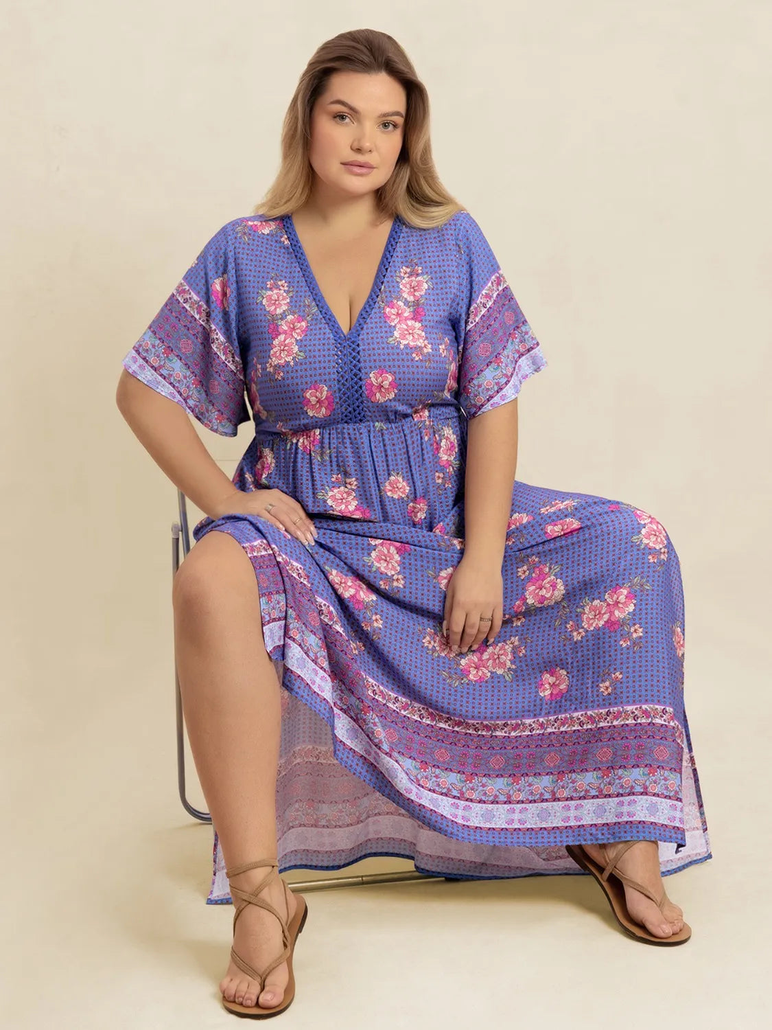 Plus Size Printed V-Neck Flutter Sleeve Dress.