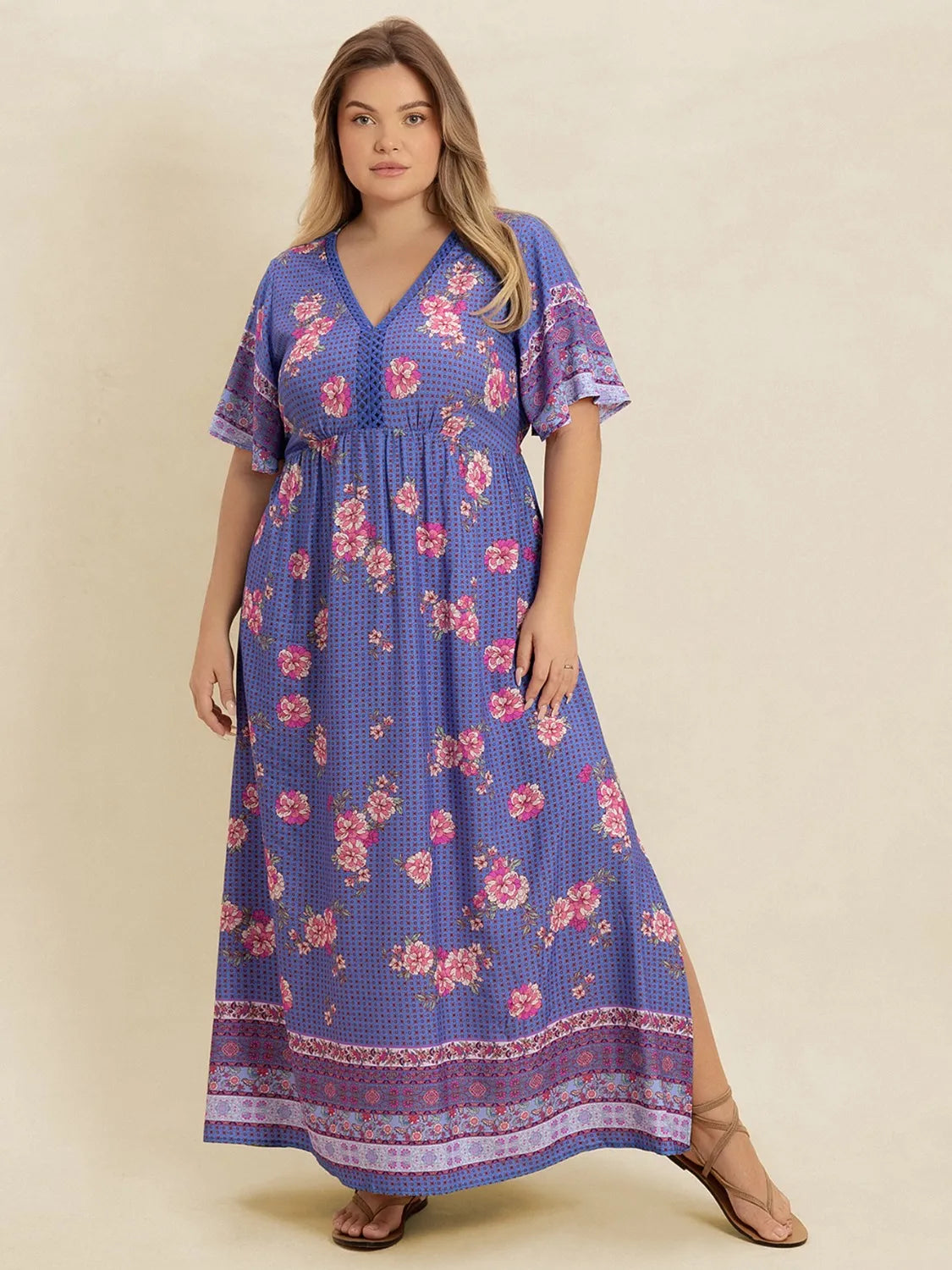 Plus Size Printed V-Neck Flutter Sleeve Dress.