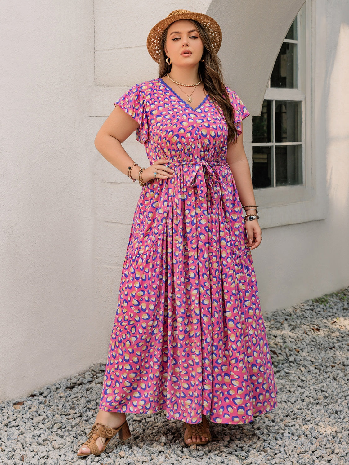 Plus Size Printed V-Neck Flutter Sleeve Tie Waist Maxi Dress.