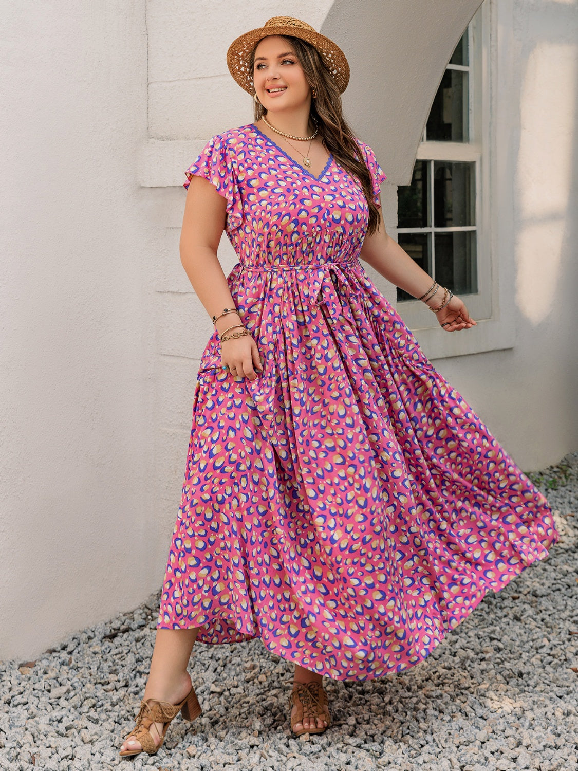 Plus Size Printed V-Neck Flutter Sleeve Tie Waist Maxi Dress.