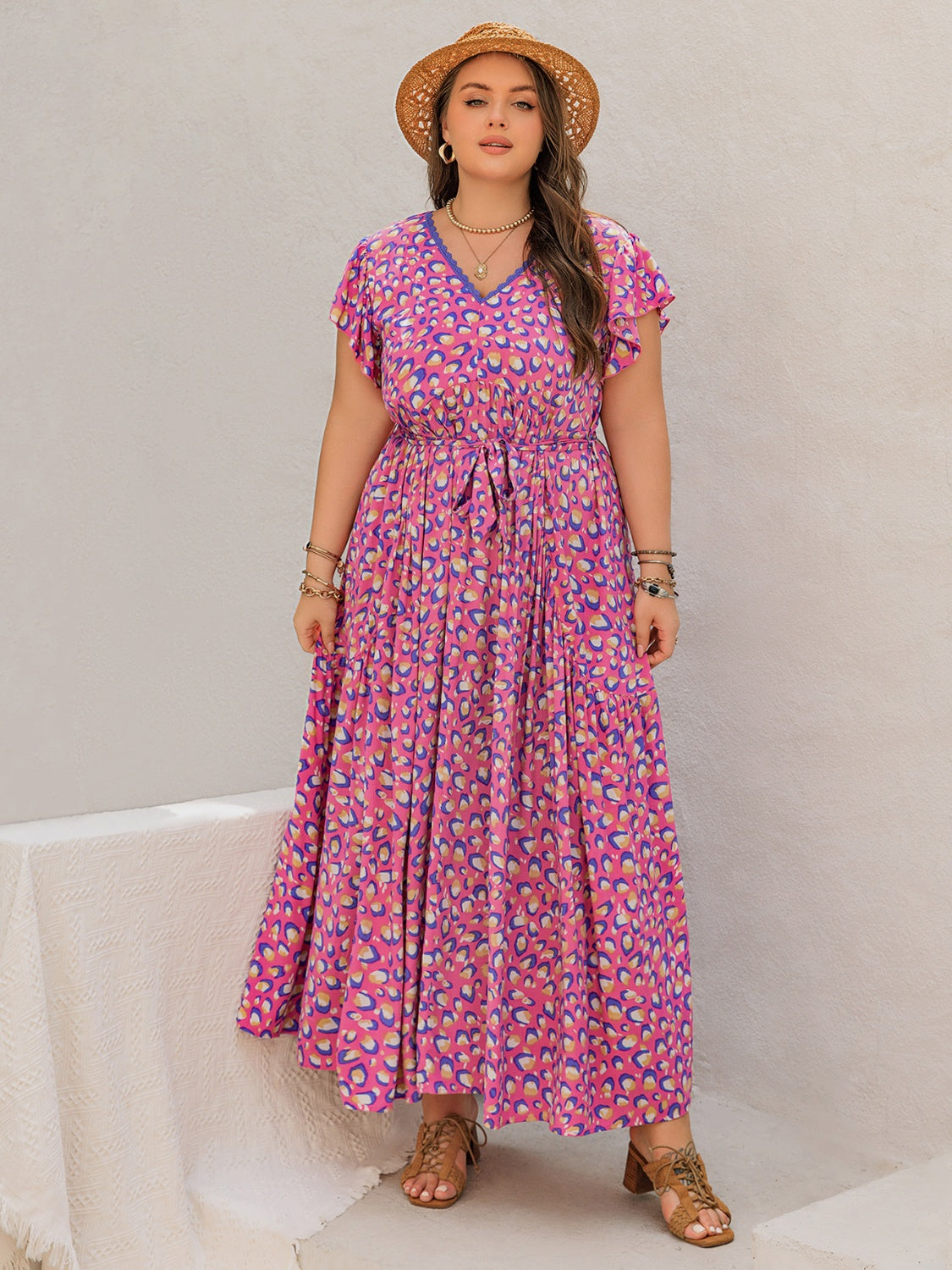Plus Size Printed V-Neck Flutter Sleeve Tie Waist Maxi Dress.