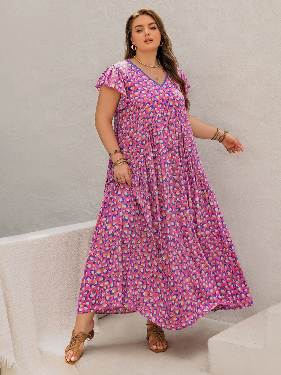 Plus Size Printed V-Neck Flutter Sleeve Tie Waist Maxi Dress.
