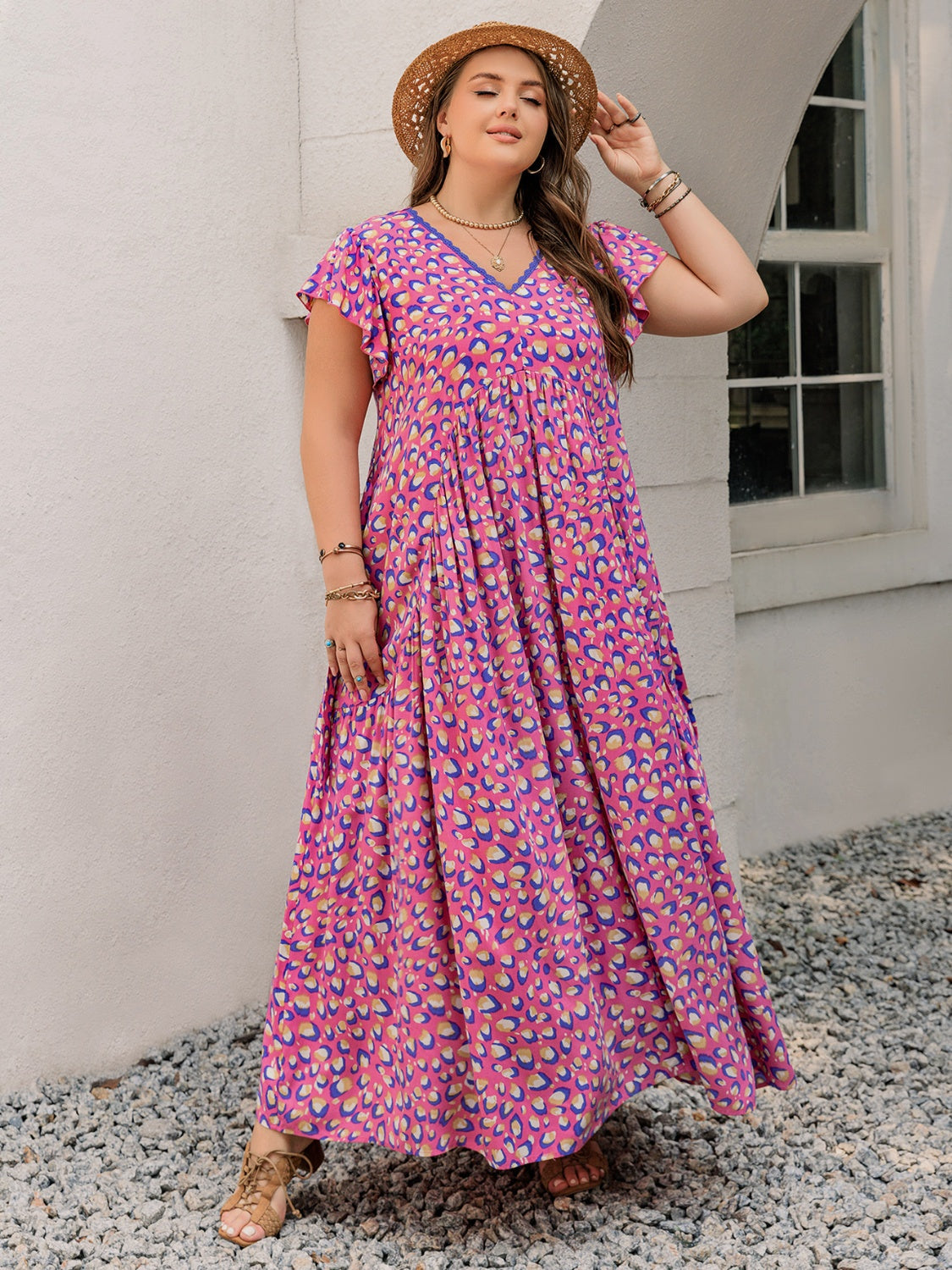 Plus Size Printed V-Neck Flutter Sleeve Tie Waist Maxi Dress.