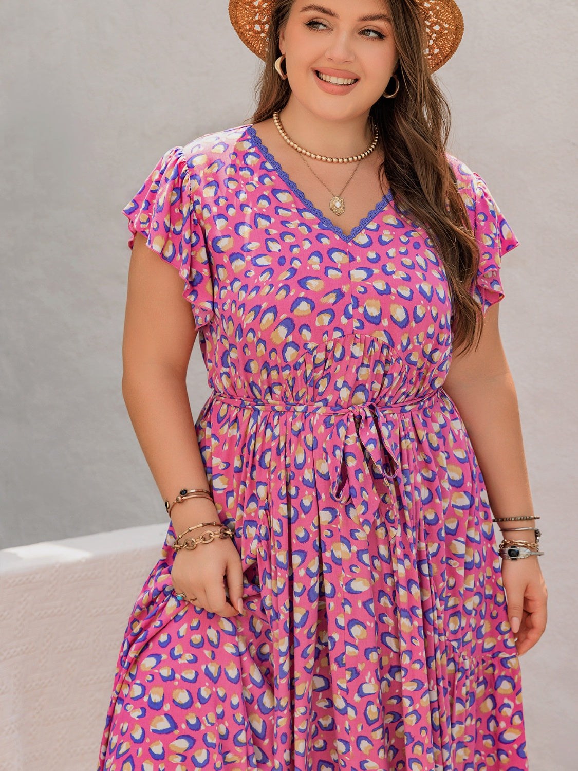 Plus Size Printed V-Neck Flutter Sleeve Tie Waist Maxi Dress.