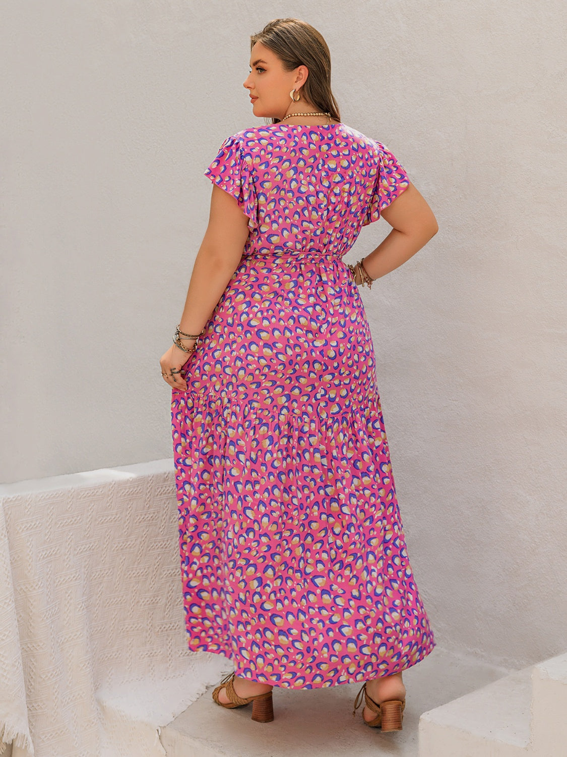 Plus Size Printed V-Neck Flutter Sleeve Tie Waist Maxi Dress.
