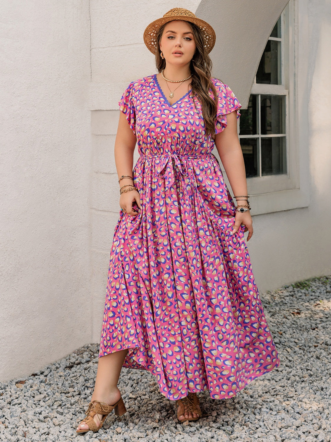 Plus Size Printed V-Neck Flutter Sleeve Tie Waist Maxi Dress.
