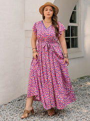 Plus Size Printed V-Neck Flutter Sleeve Tie Waist Maxi Dress.