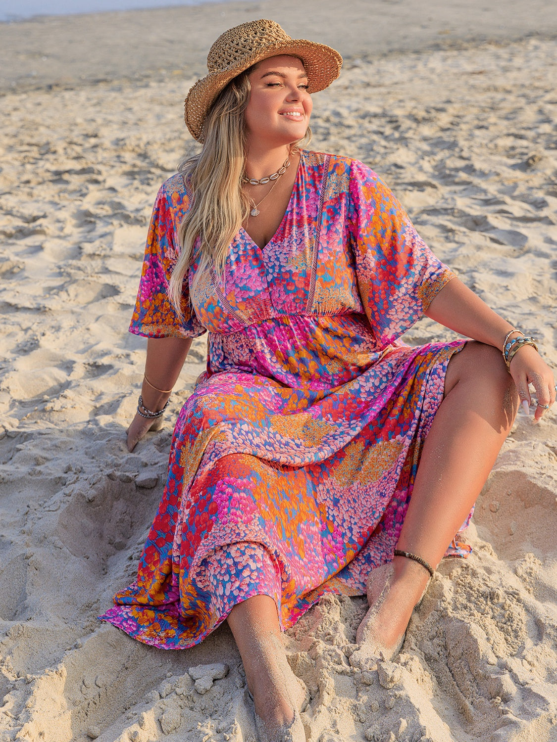 Plus Size Printed V-Neck Half Sleeve Maxi Dress.