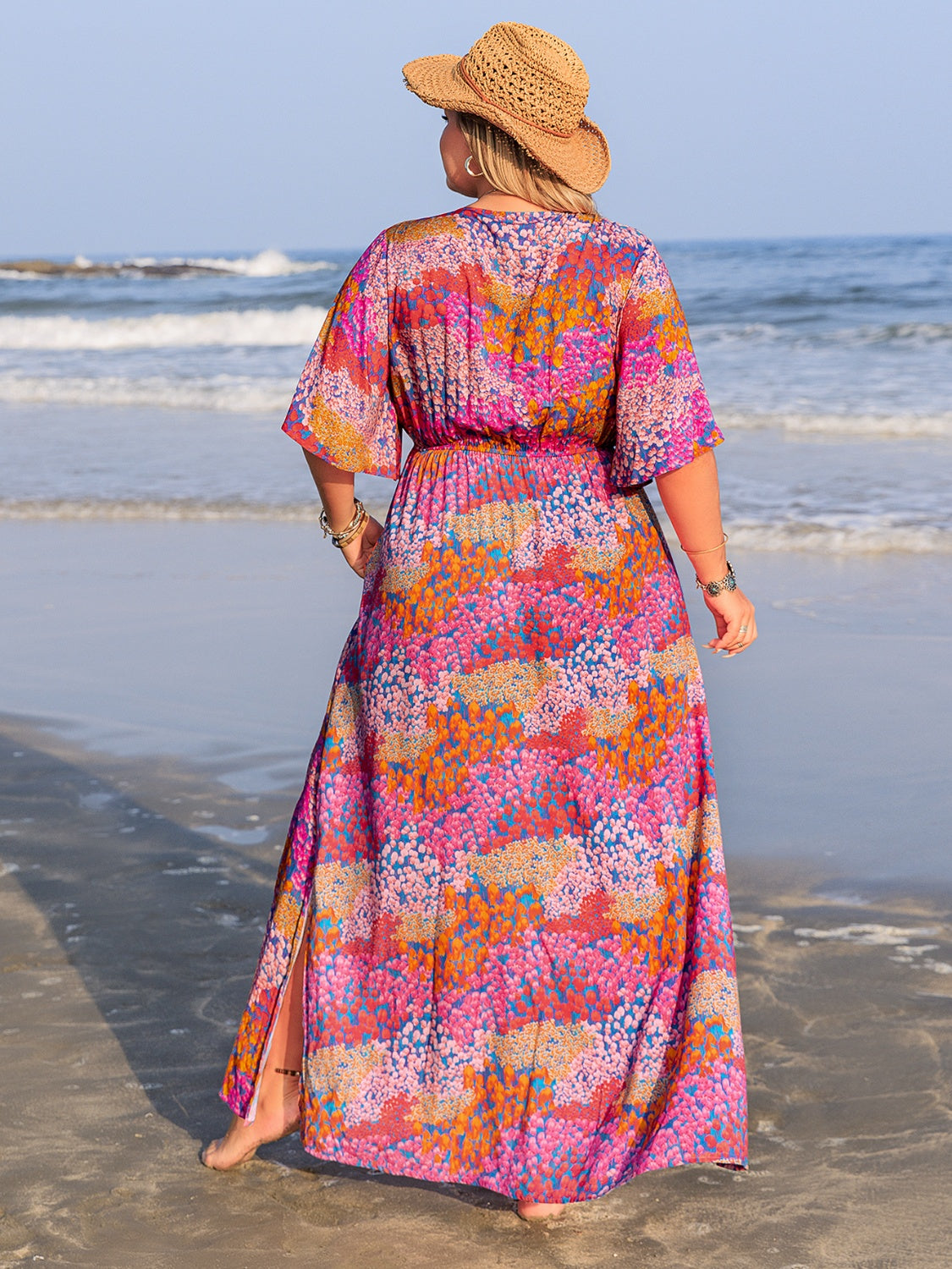 Plus Size Printed V-Neck Half Sleeve Maxi Dress.