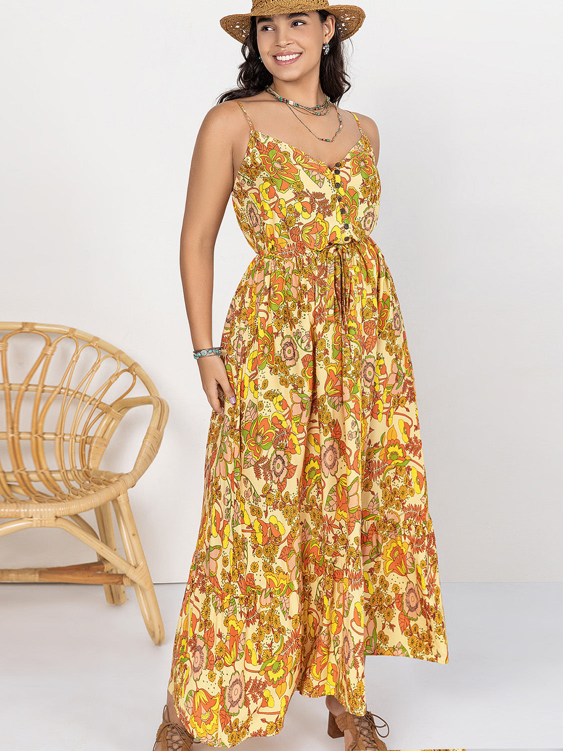 Plus Size Printed V-Neck Maxi Cami Dress.