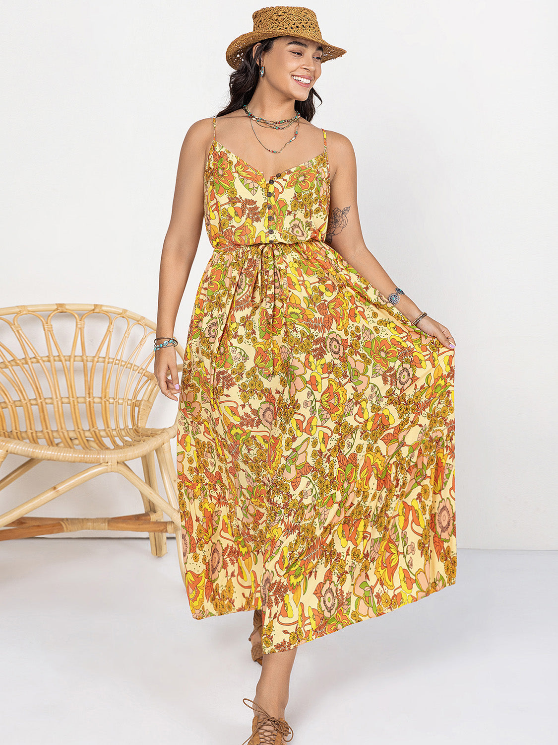 Plus Size Printed V-Neck Maxi Cami Dress.