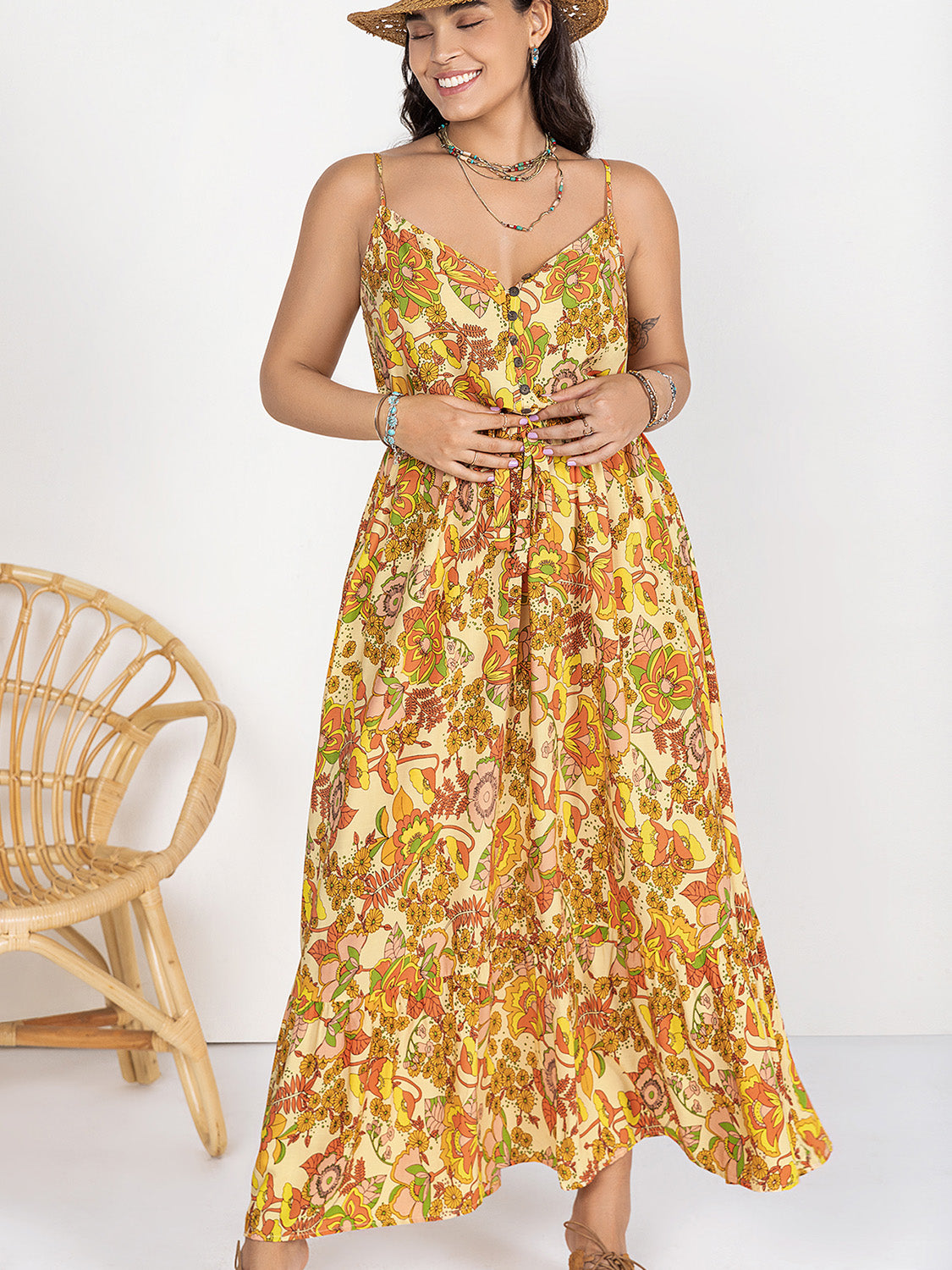 Plus Size Printed V-Neck Maxi Cami Dress.