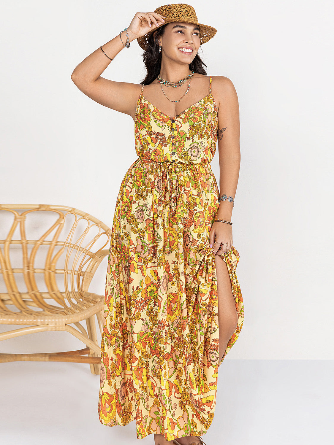 Plus Size Printed V-Neck Maxi Cami Dress.