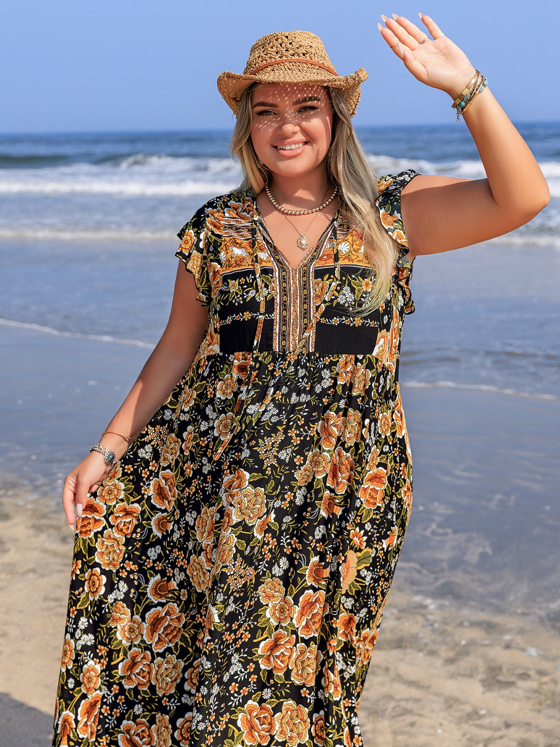 Plus Size Printed V-Neck Ruffle Cap Sleeve Maxi Dress.