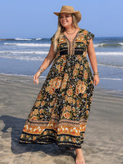 Plus Size Printed V-Neck Ruffle Cap Sleeve Maxi Dress.