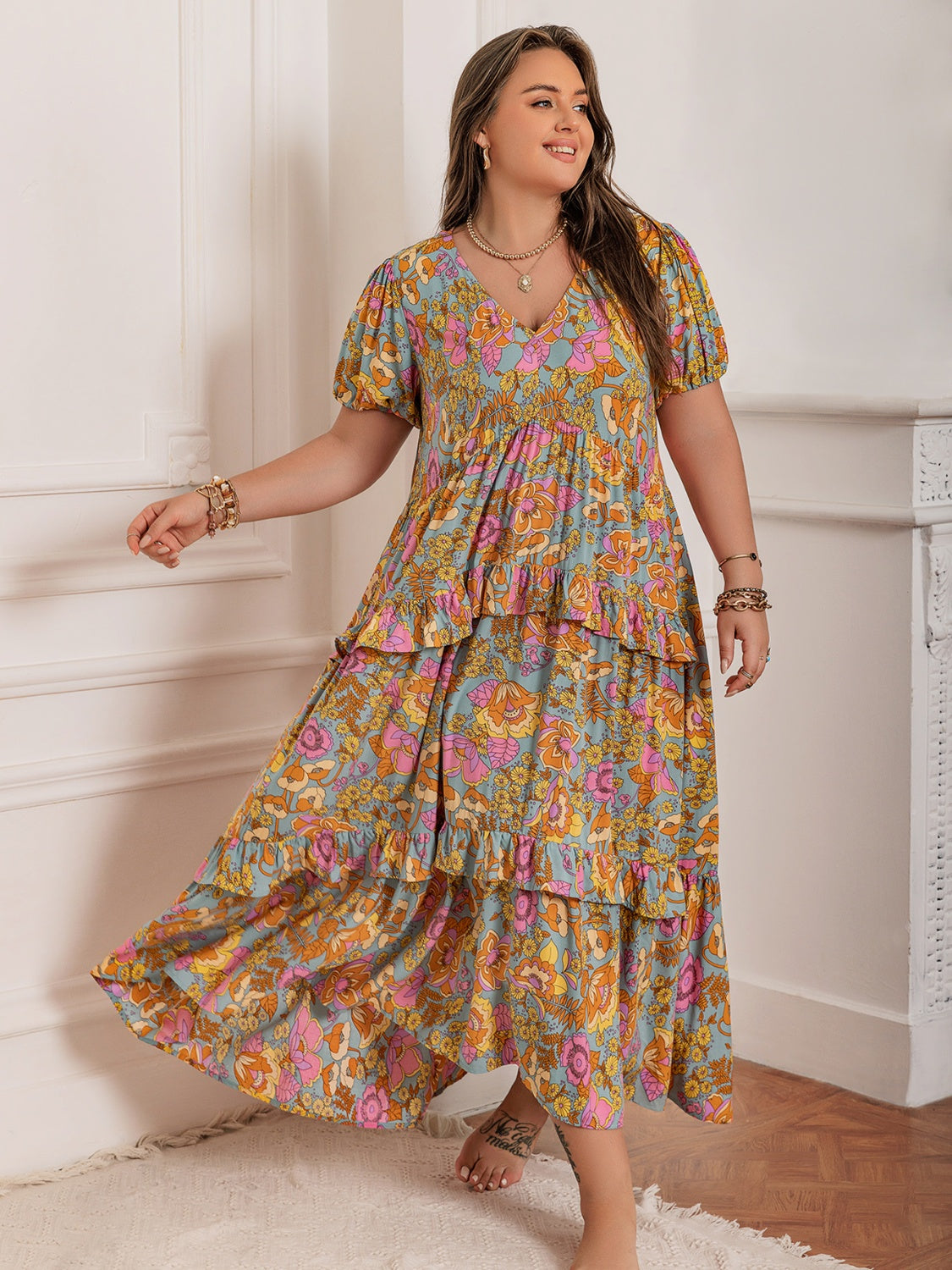Plus Size Printed V-Neck Short Sleeve Maxi Dress.