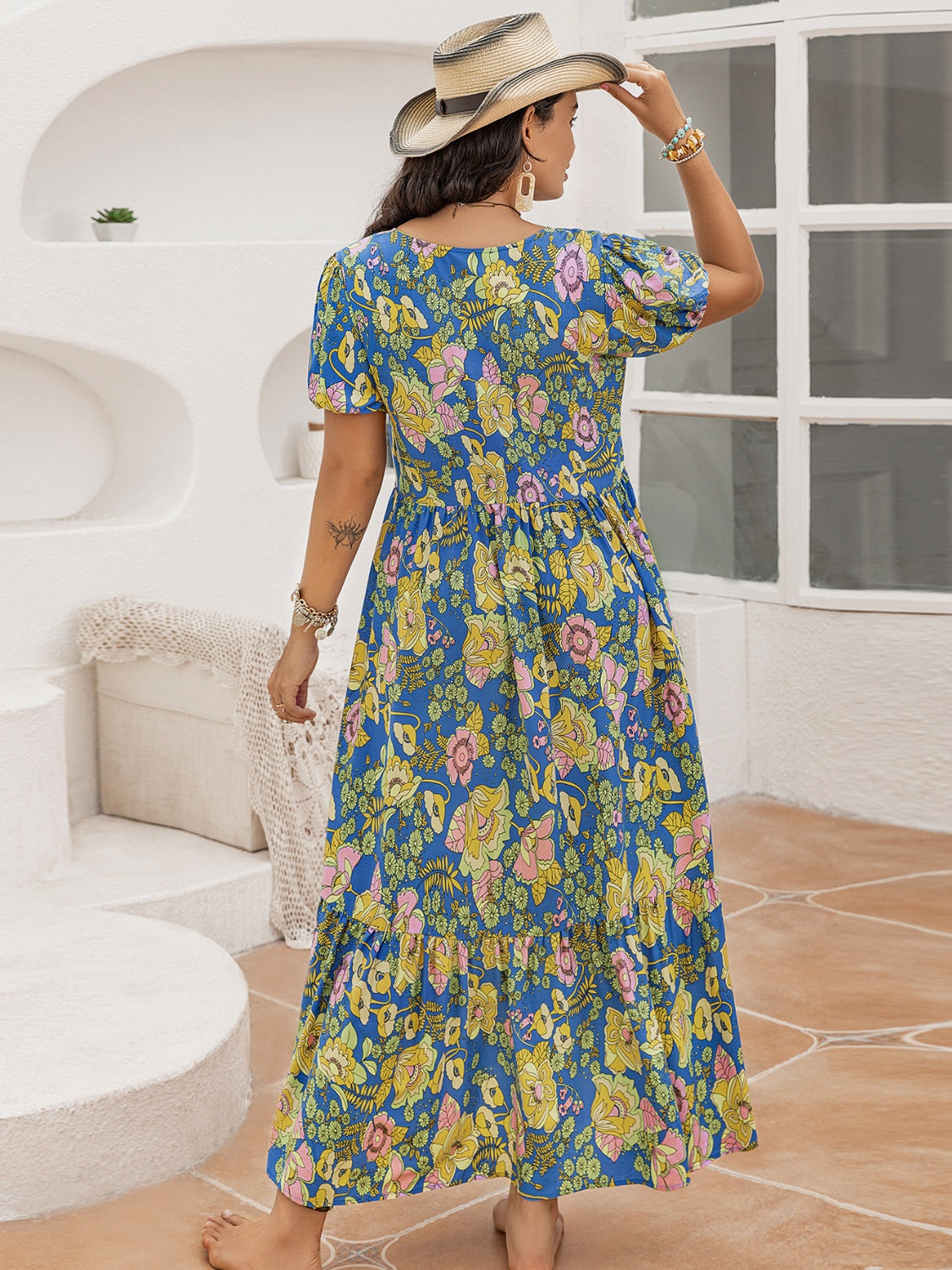 Plus Size Printed V-Neck Short Sleeve Maxi Dress.