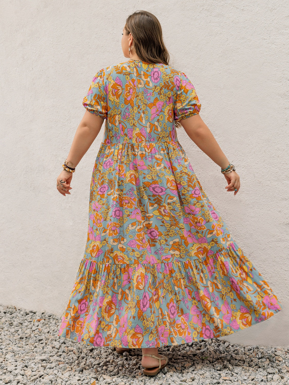 Plus Size Printed V-Neck Short Sleeve Maxi Dress.