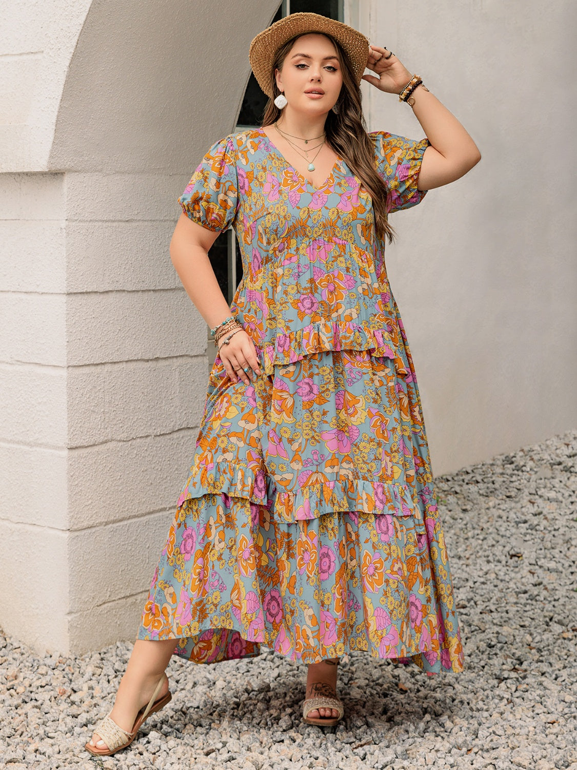 Plus Size Printed V-Neck Short Sleeve Maxi Dress.