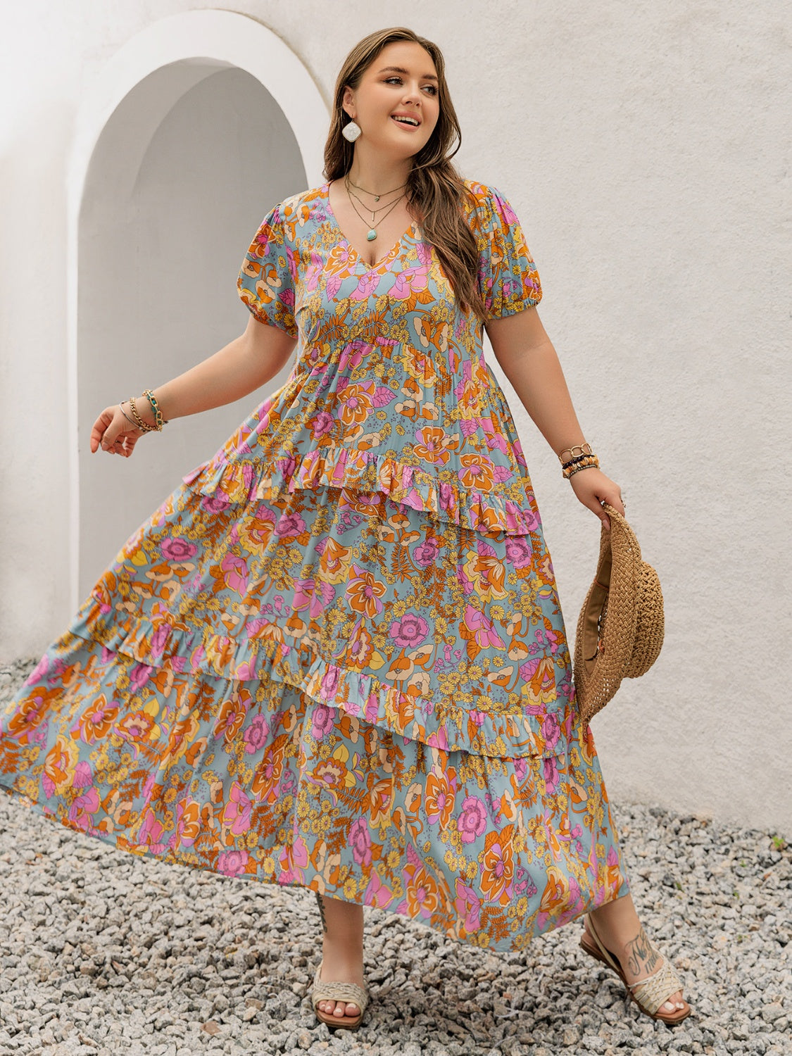 Plus Size Printed V-Neck Short Sleeve Maxi Dress.