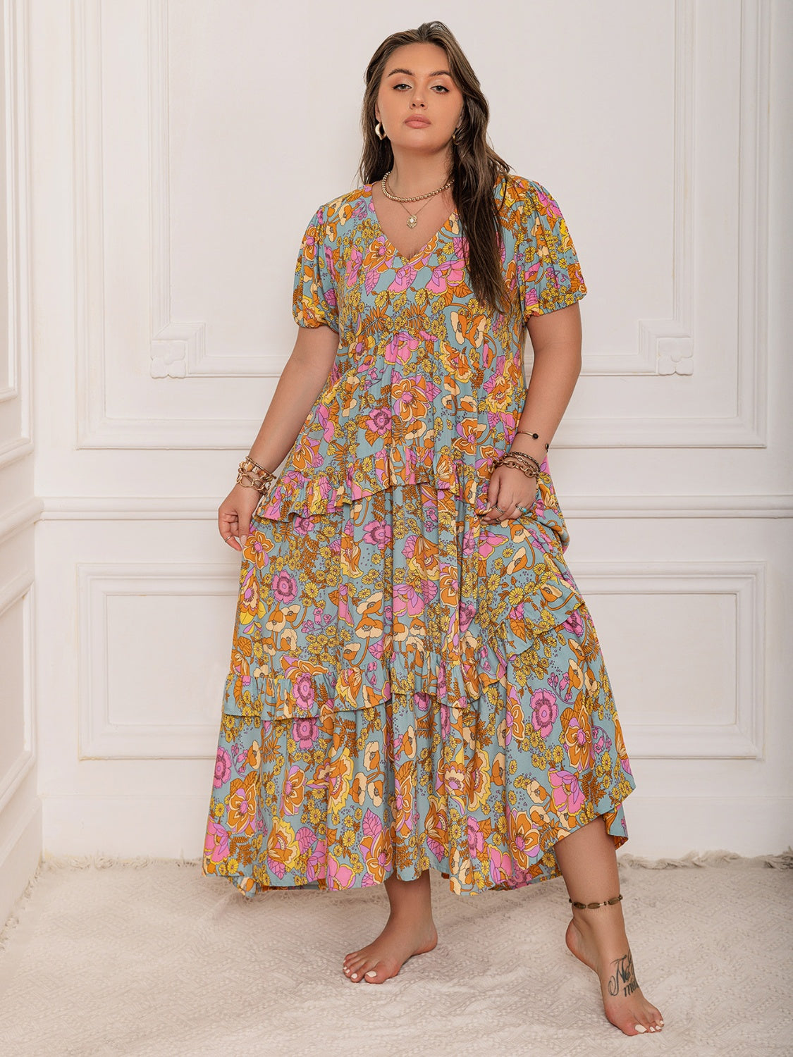 Plus Size Printed V-Neck Short Sleeve Maxi Dress.