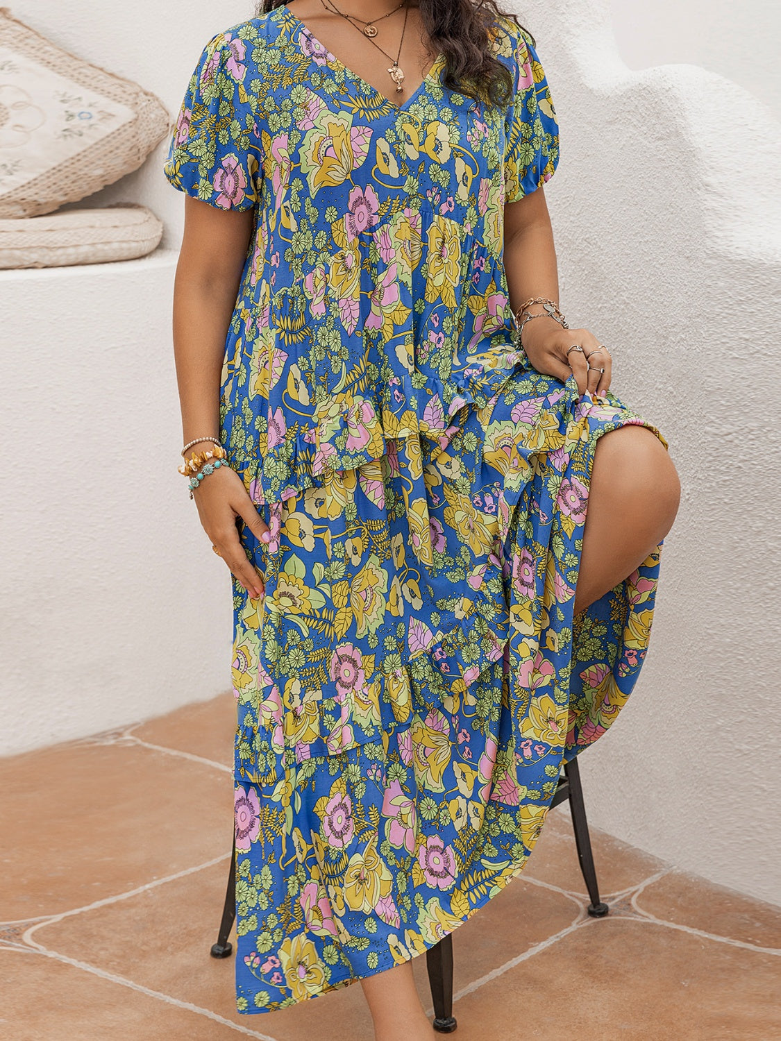 Plus Size Printed V-Neck Short Sleeve Maxi Dress.