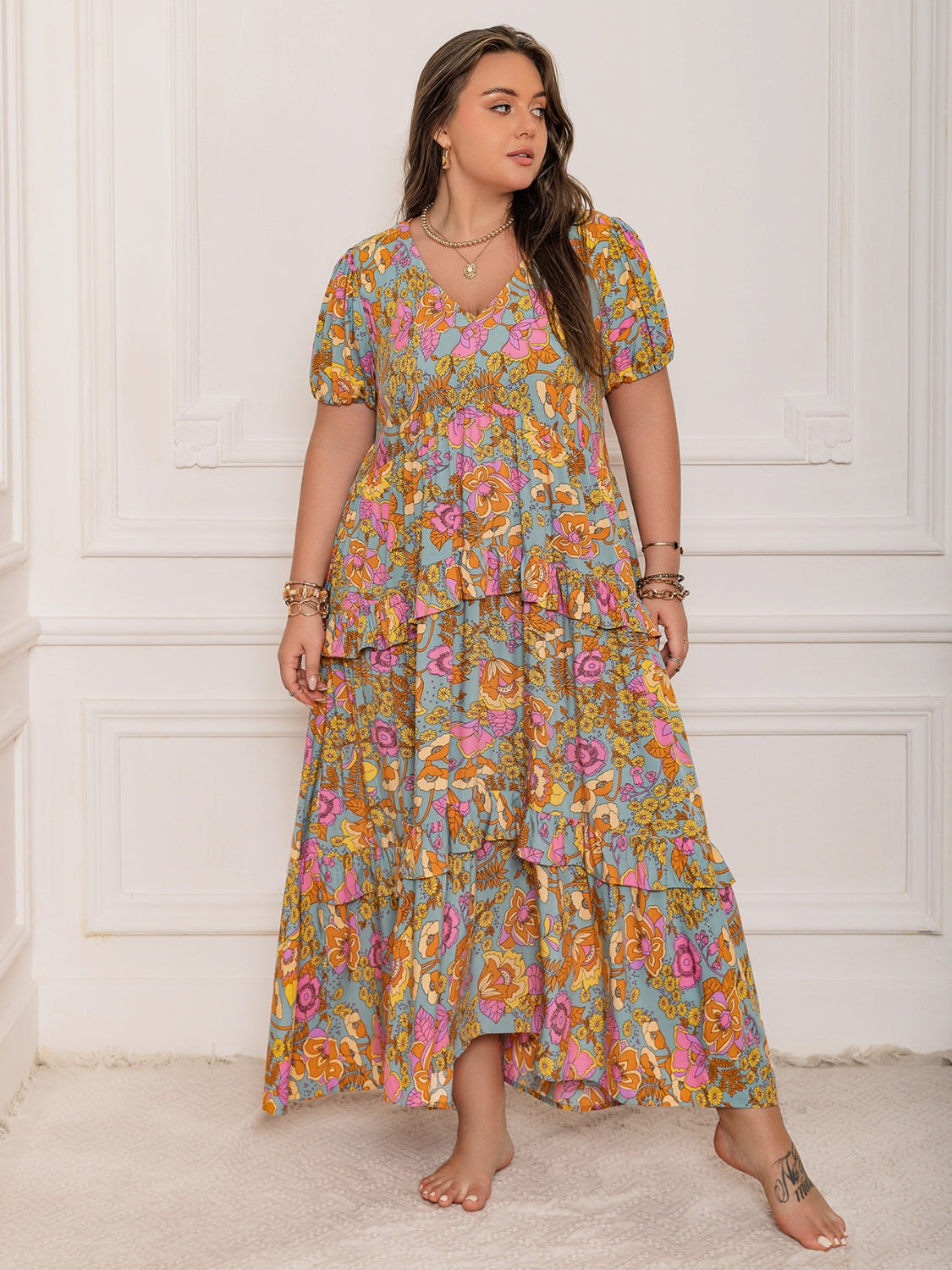 Plus Size Printed V-Neck Short Sleeve Maxi Dress.