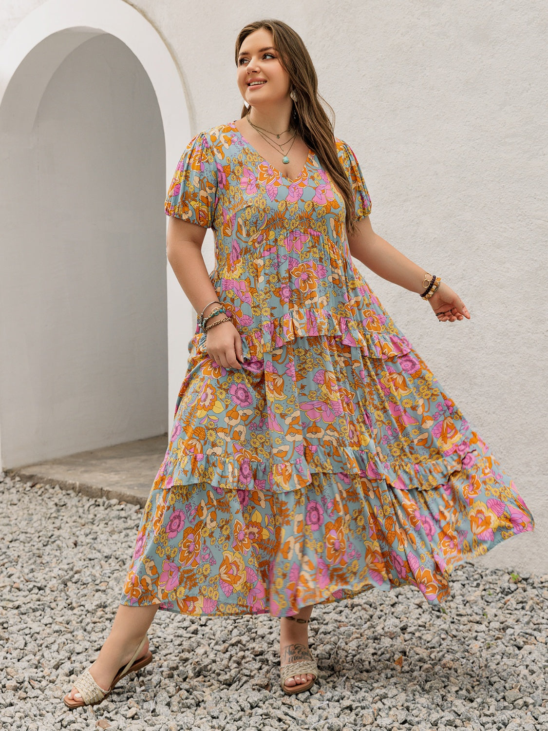 Plus Size Printed V-Neck Short Sleeve Maxi Dress.