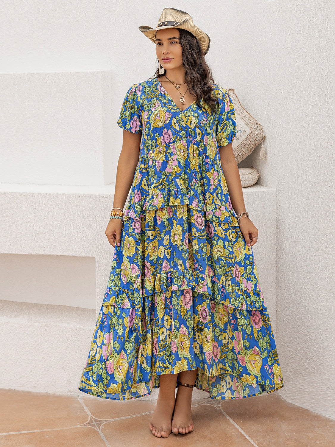 Plus Size Printed V-Neck Short Sleeve Maxi Dress.