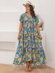 Plus Size Printed V-Neck Short Sleeve Maxi Dress.
