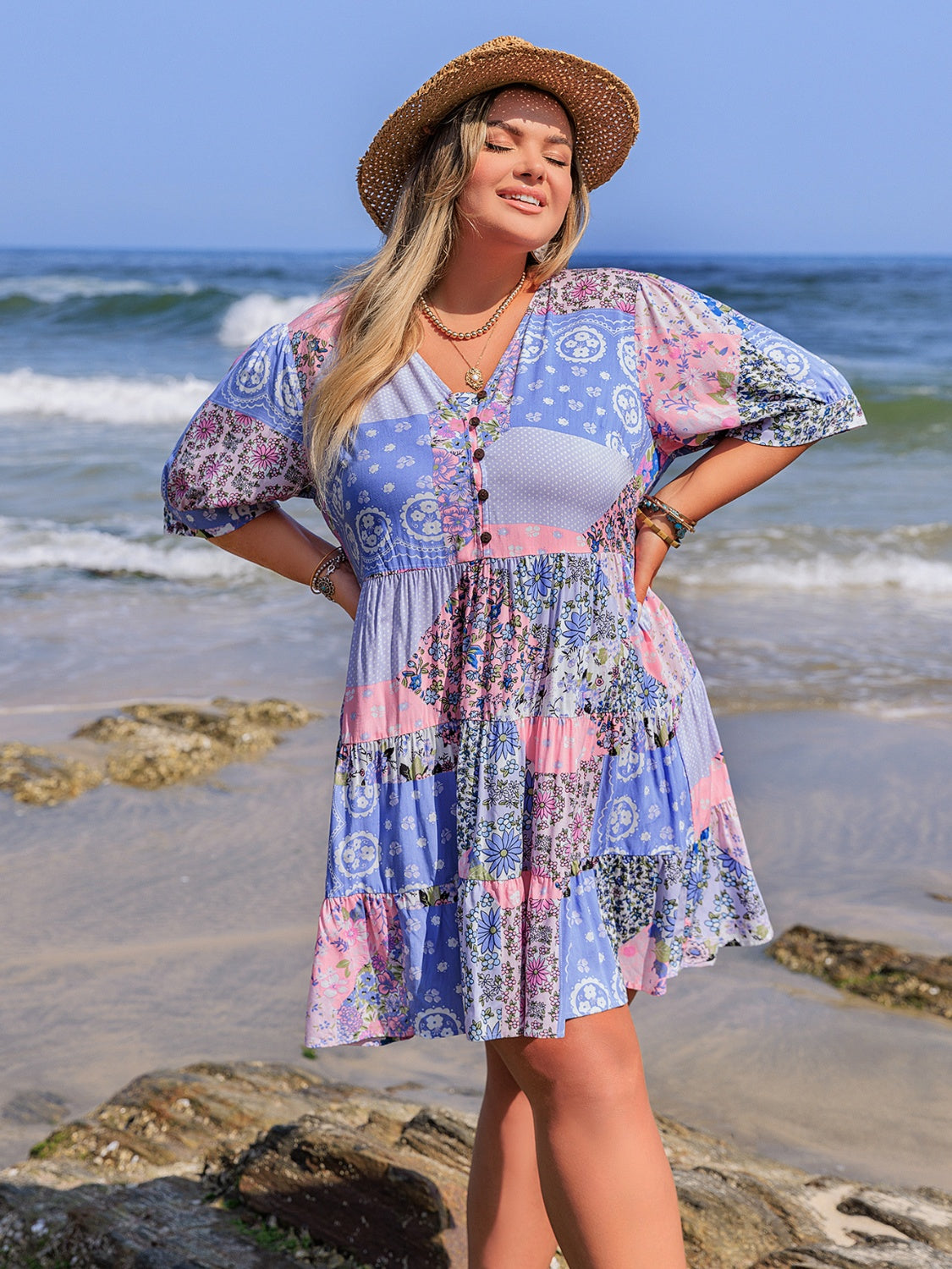 Plus Size Printed V-Neck Tiered Mini Dress.
