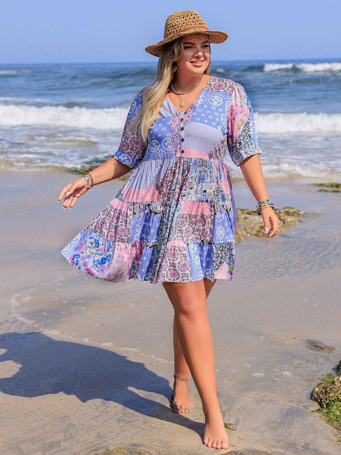 Plus Size Printed V-Neck Tiered Mini Dress.