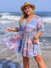 Plus Size Printed V-Neck Tiered Mini Dress.