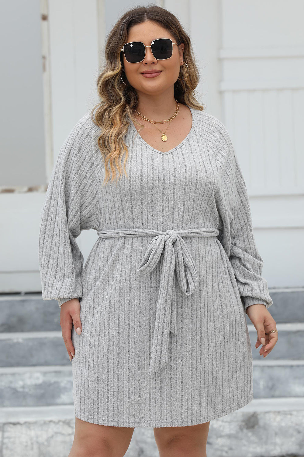 Plus Size Ribbed Tie Front Long Sleeve Sweater Dress.