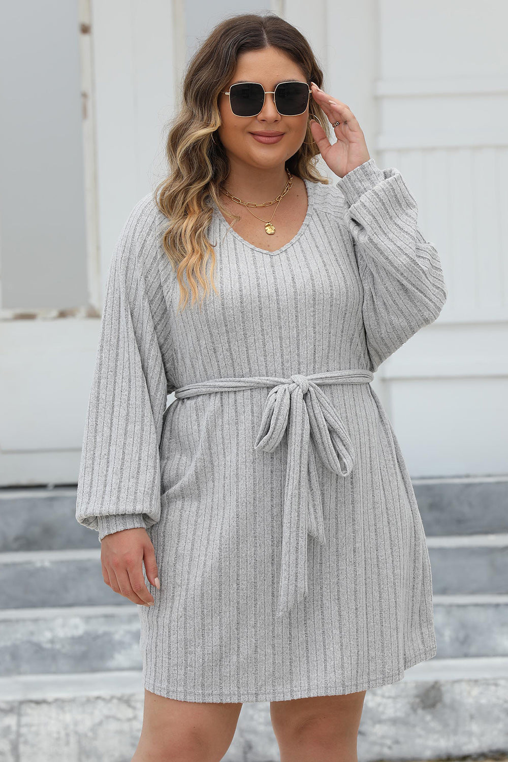 Plus Size Ribbed Tie Front Long Sleeve Sweater Dress.