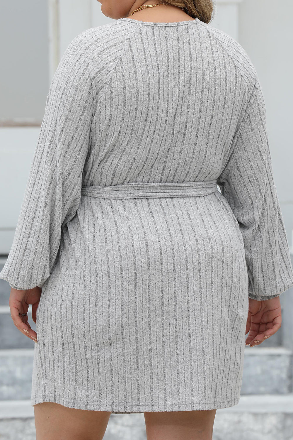 Plus Size Ribbed Tie Front Long Sleeve Sweater Dress.