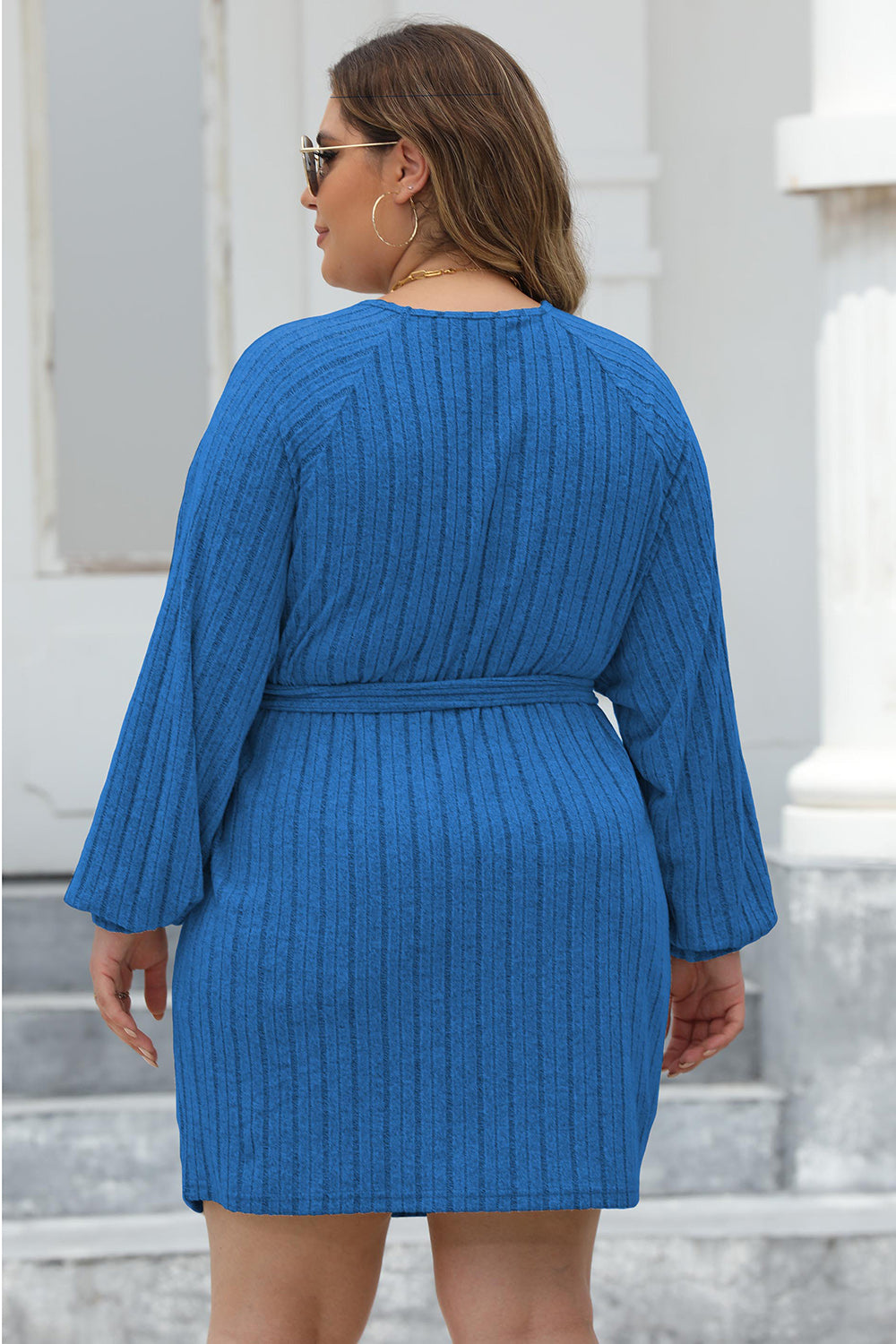 Plus Size Ribbed Tie Front Long Sleeve Sweater Dress.