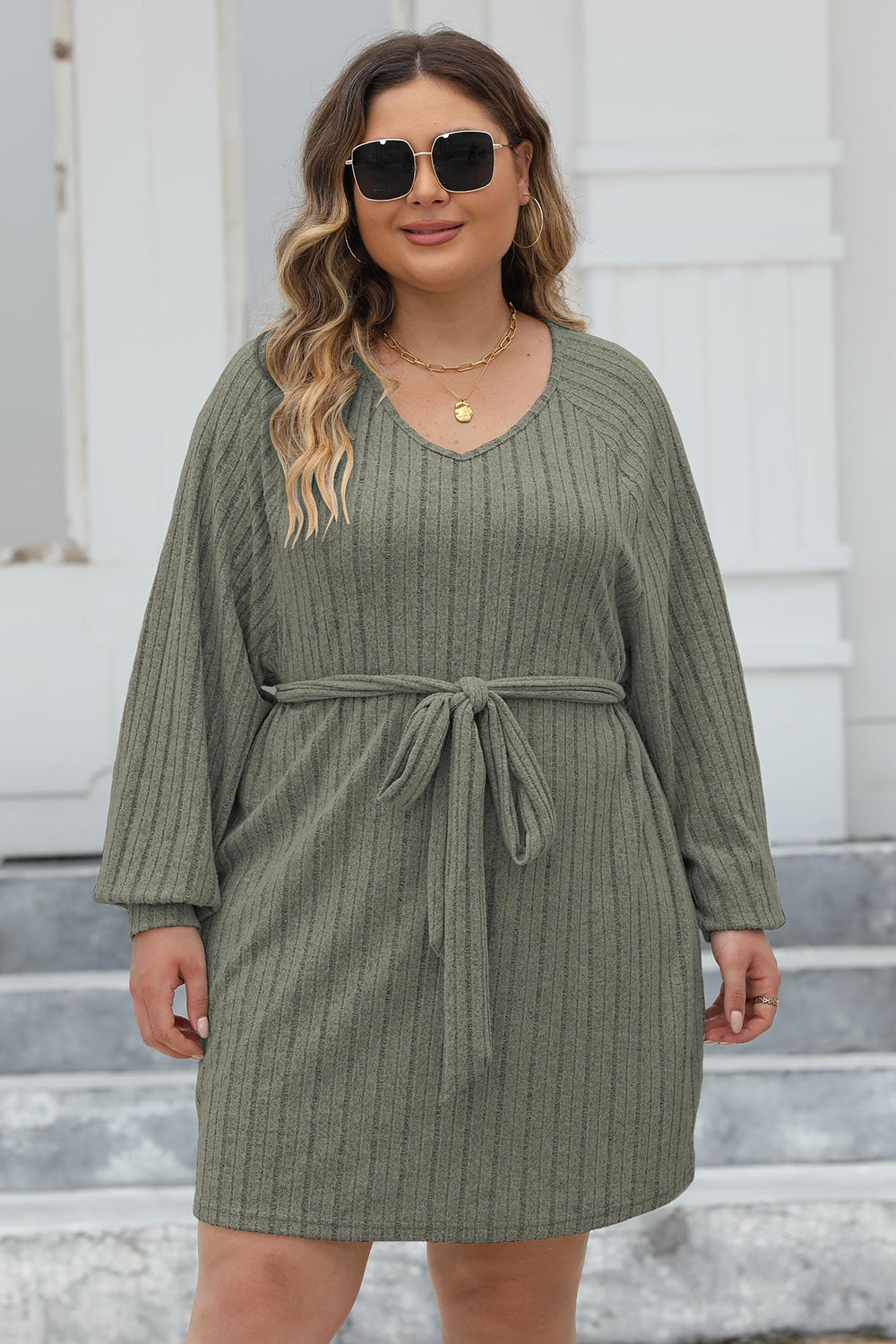 Plus Size Ribbed Tie Front Long Sleeve Sweater Dress.