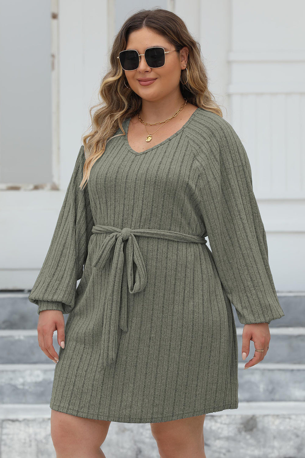 Plus Size Ribbed Tie Front Long Sleeve Sweater Dress.