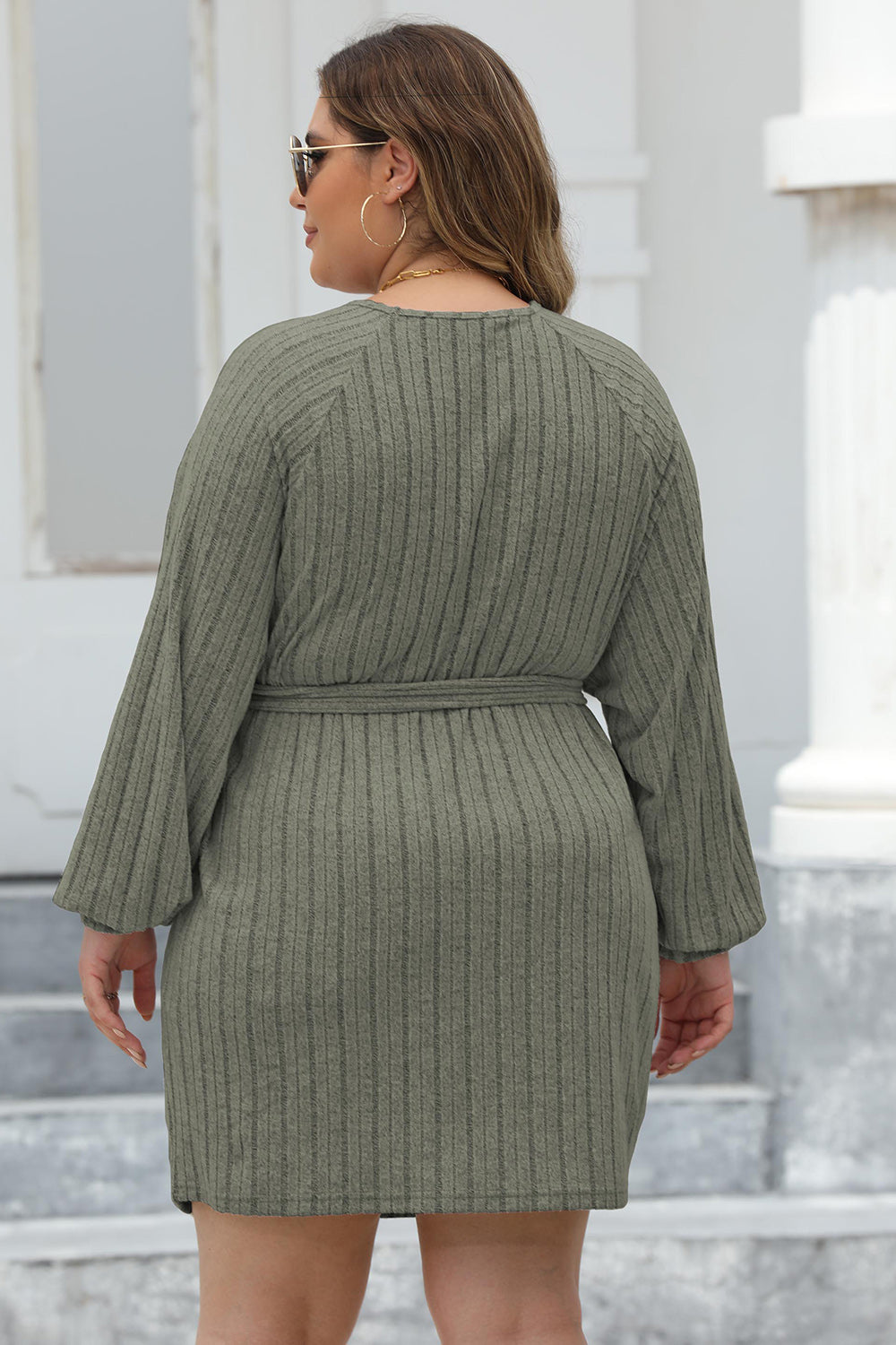 Plus Size Ribbed Tie Front Long Sleeve Sweater Dress.