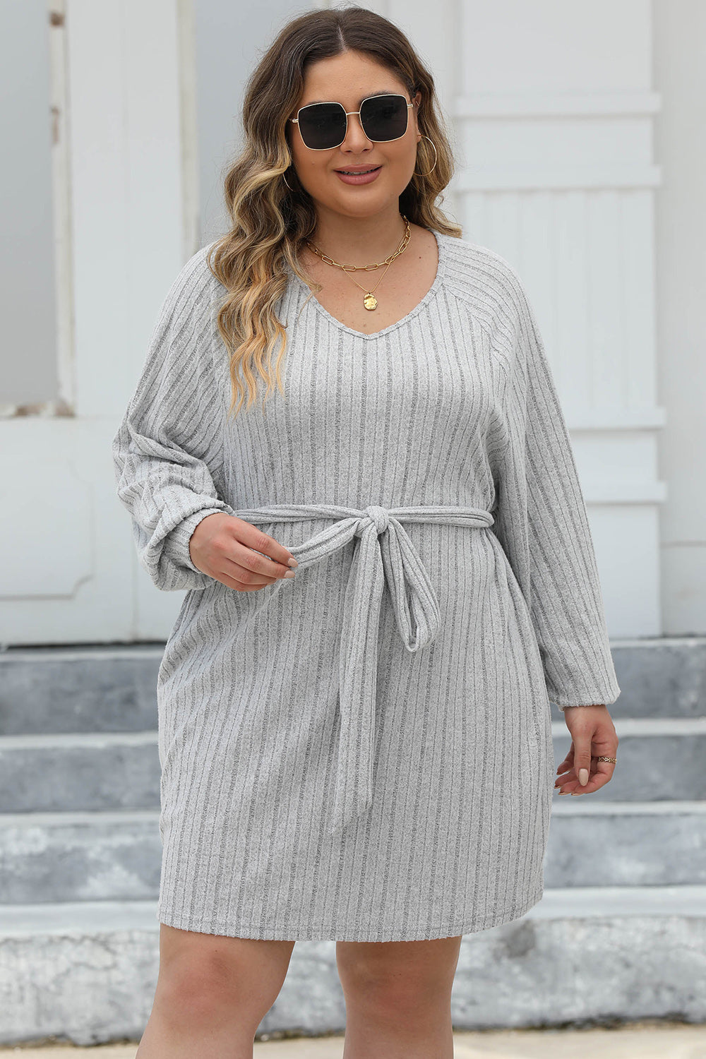 Plus Size Ribbed Tie Front Long Sleeve Sweater Dress.