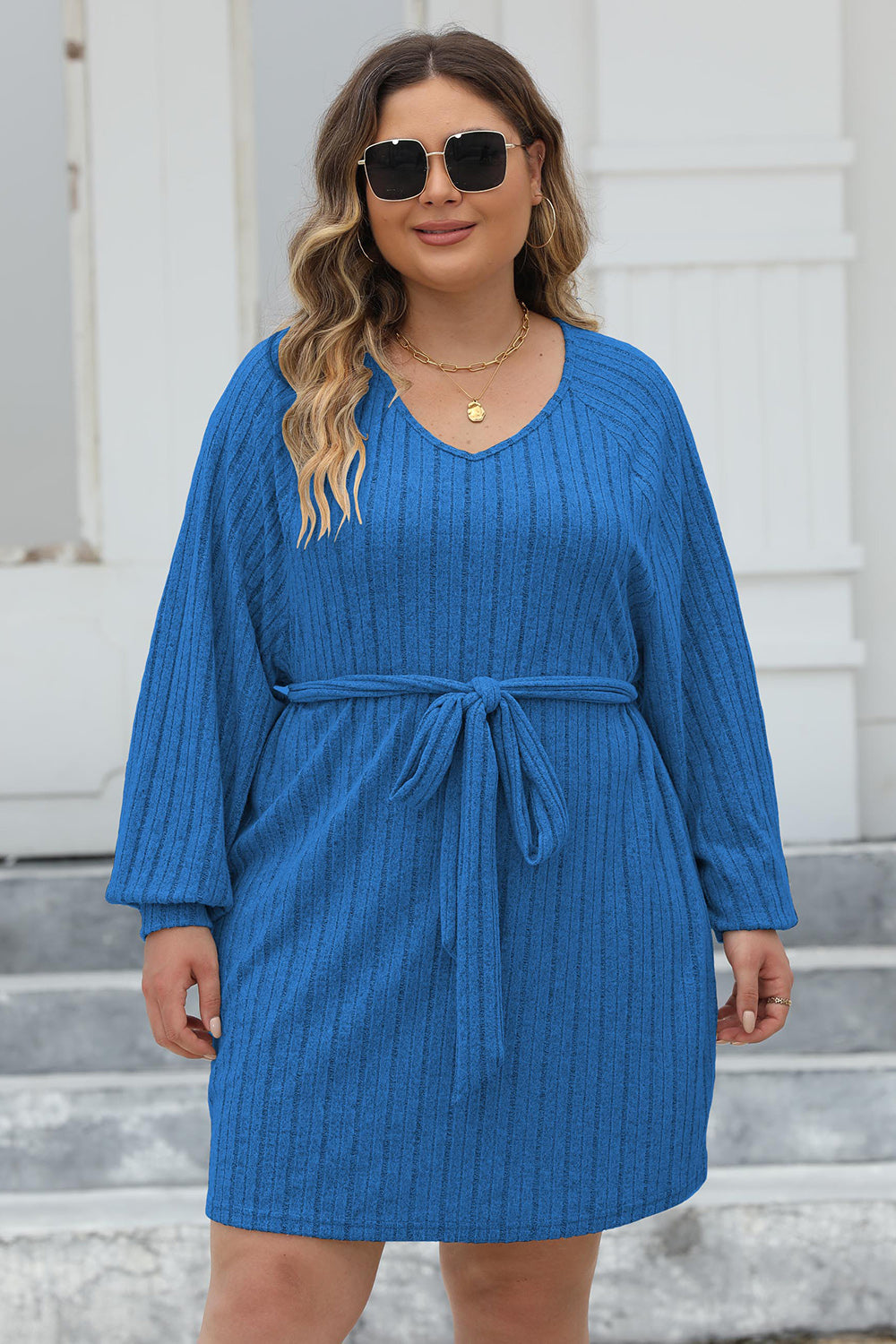 Plus Size Ribbed Tie Front Long Sleeve Sweater Dress.