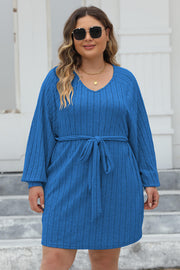 Plus Size Ribbed Tie Front Long Sleeve Sweater Dress.