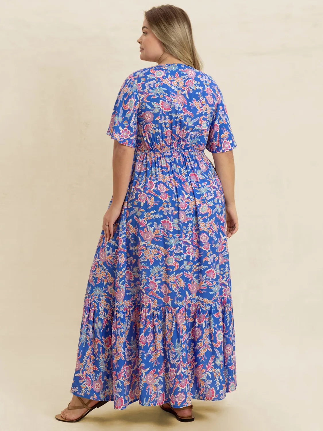 Plus Size Ruched Printed Short Sleeve Dress.