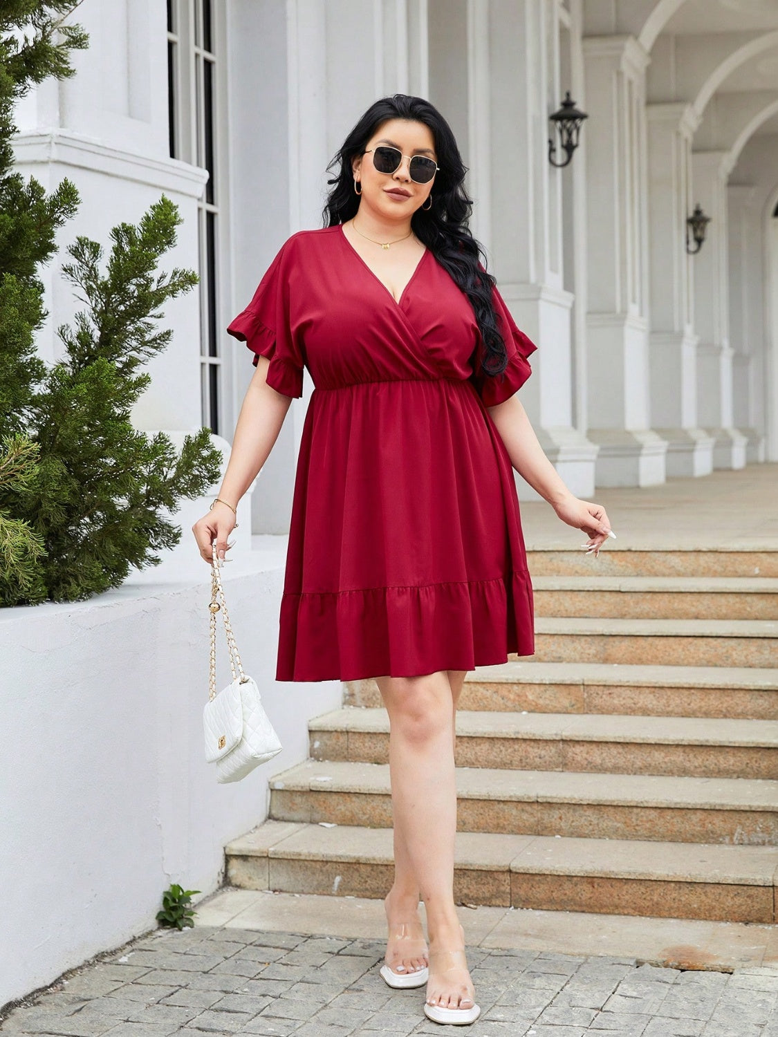 Plus Size Ruched Surplice Flounce Sleeve Mini Dress.