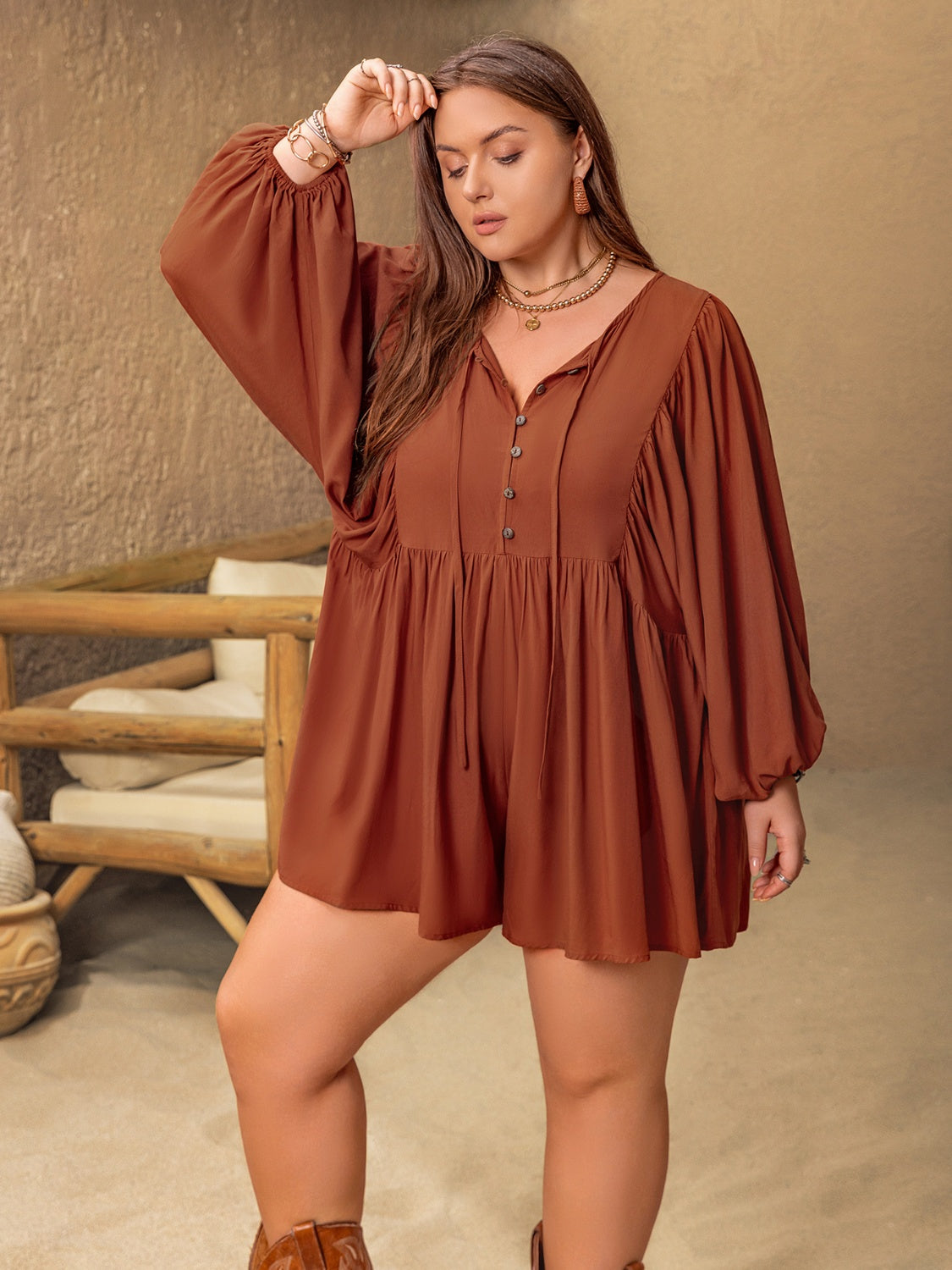 Plus Size Tie Neck Balloon Sleeve Romper with Buttons and Ruched.